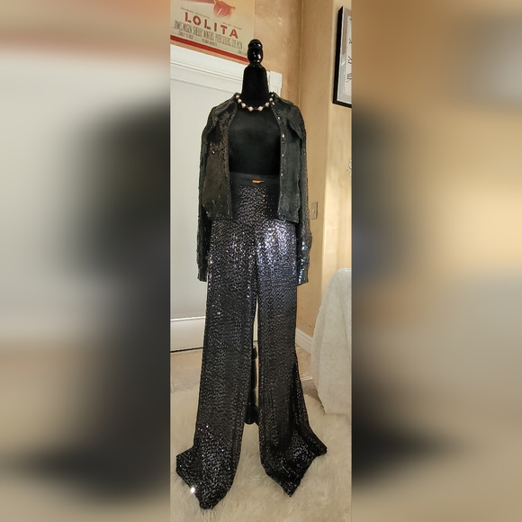 Tory Burch Black Sequined Wide Leg Ginger 100% Silk, Size